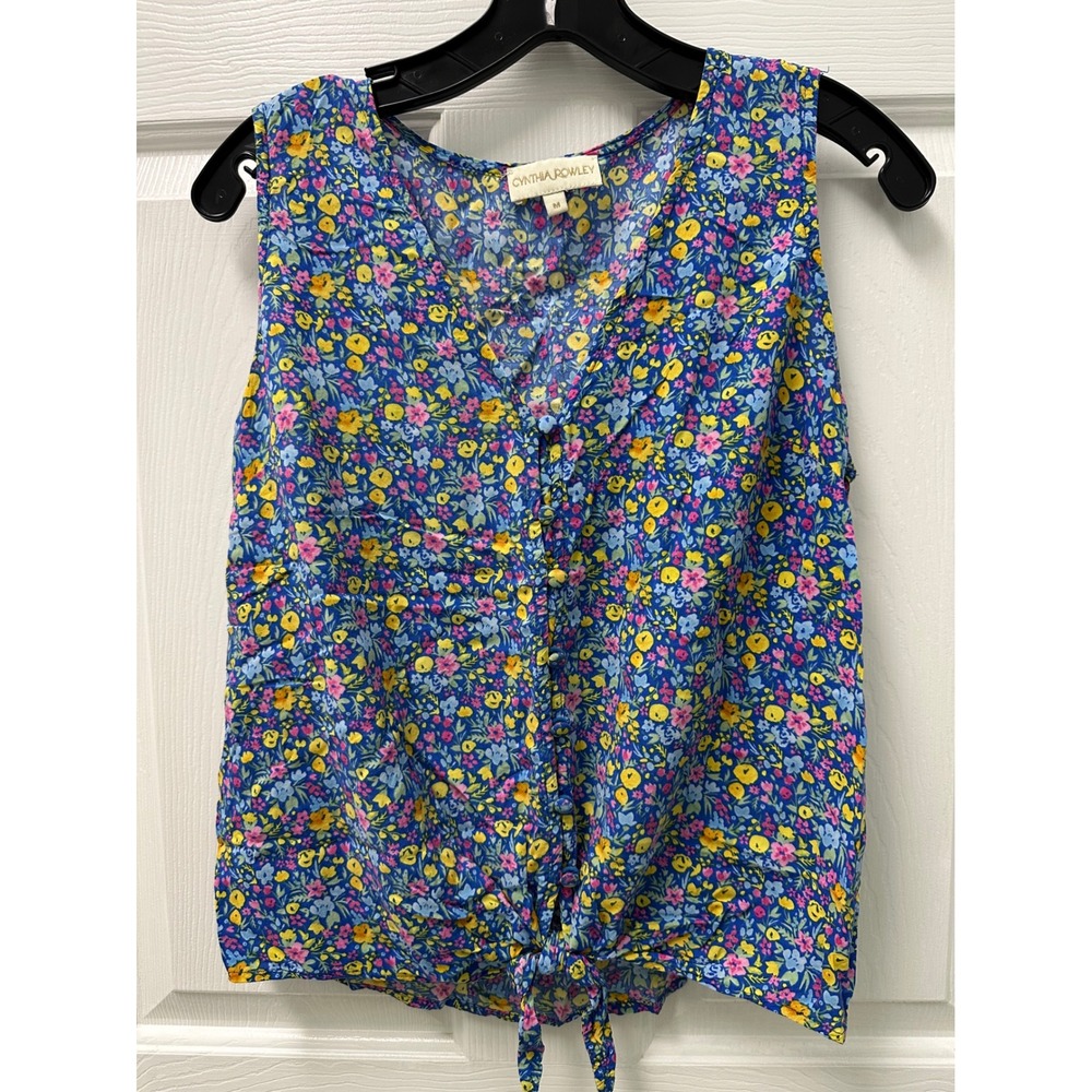 Cynthia Rowley Womens Blue Floral Button Front Tie Hem Sleeveless Blouse Medium